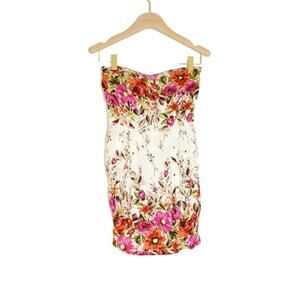 IXIA - Strapless Mini Dress in Floral Cream Pink Orange Green Print / Size S